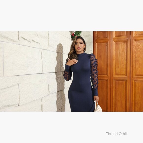 Ribbed Bodycon Midi Dress Long Sleeve Lace Turtle Neck Party Club - Picture 3 of 4